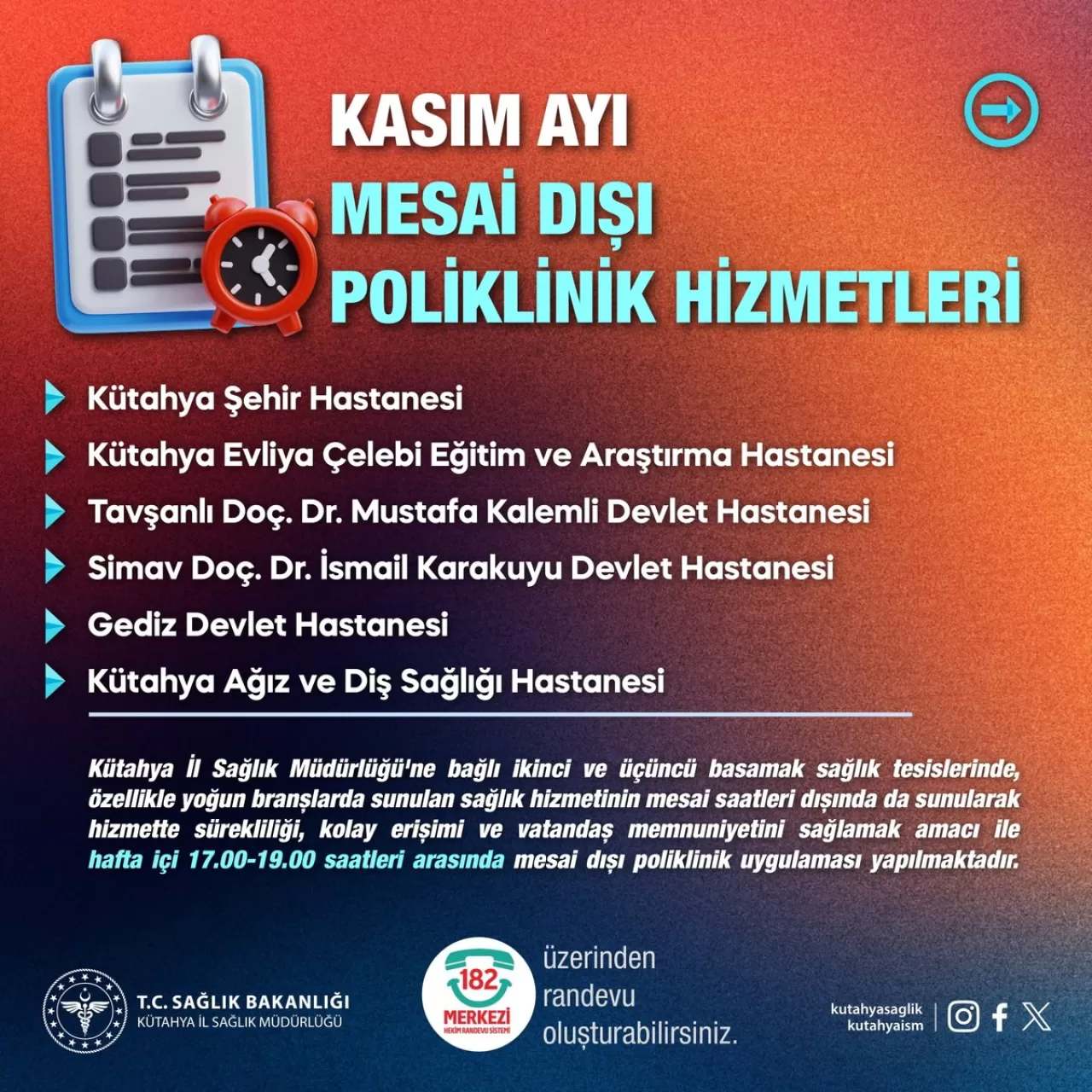 Kütahya'da Kasım Ayı Mesai Dışı Poliklinik Hizmetleri Açıklandı