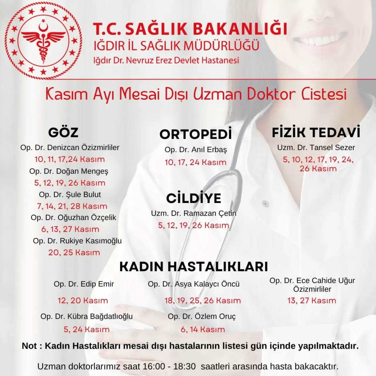 Iğdır'da Dr. Nevruz Erez Devlet Hastanesi'nin Kasım Ayı Mesai Dışı Poliklinik Hizmetleri Açıklandı