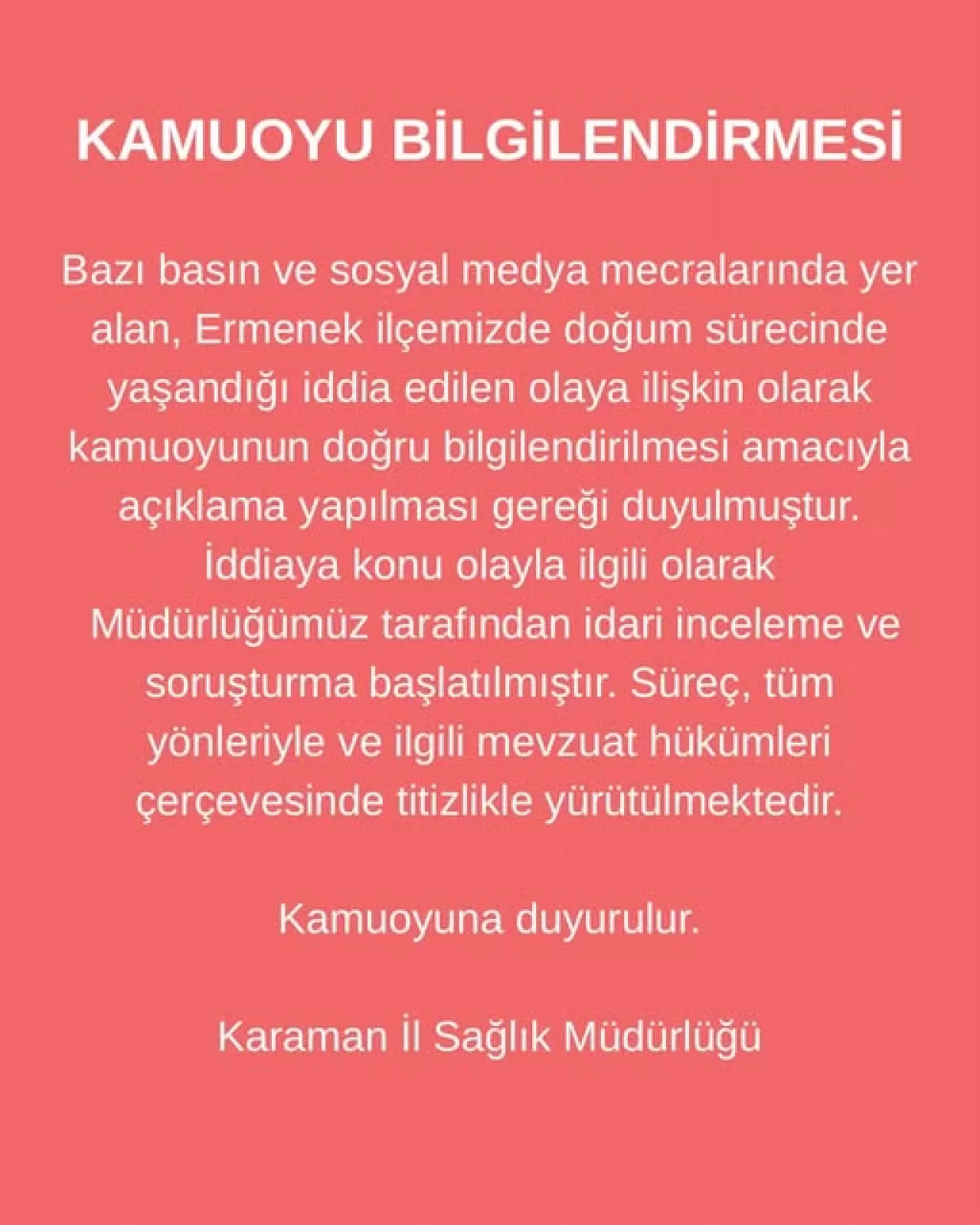 Karaman Ermenek'teki Doğum Olayı İçin İdari Soruşturma Başlatıldı