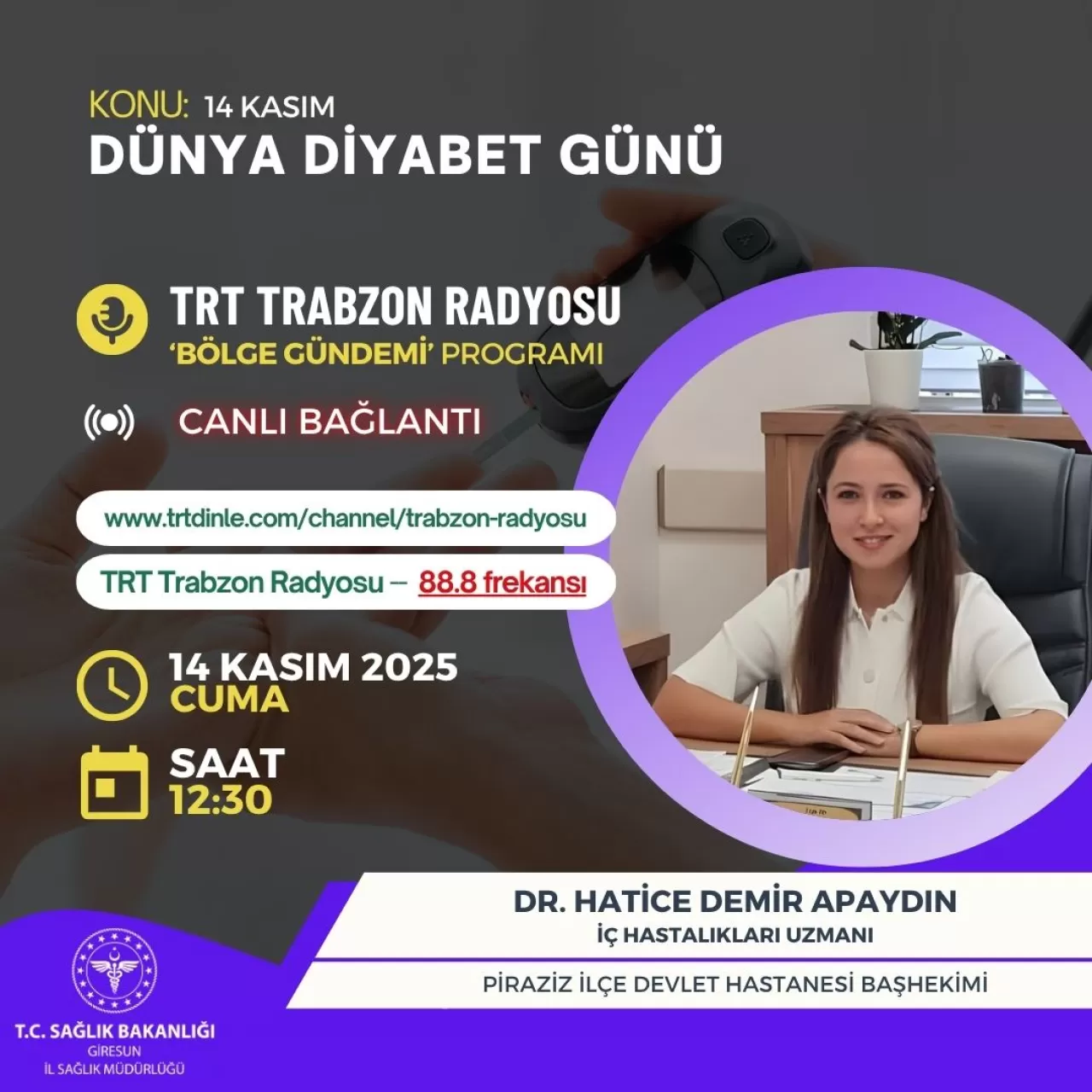 14 Kasım Dünya Diyabet Günü'nde Piraziz Devlet Hastanesi'nden Önemli Açıklama