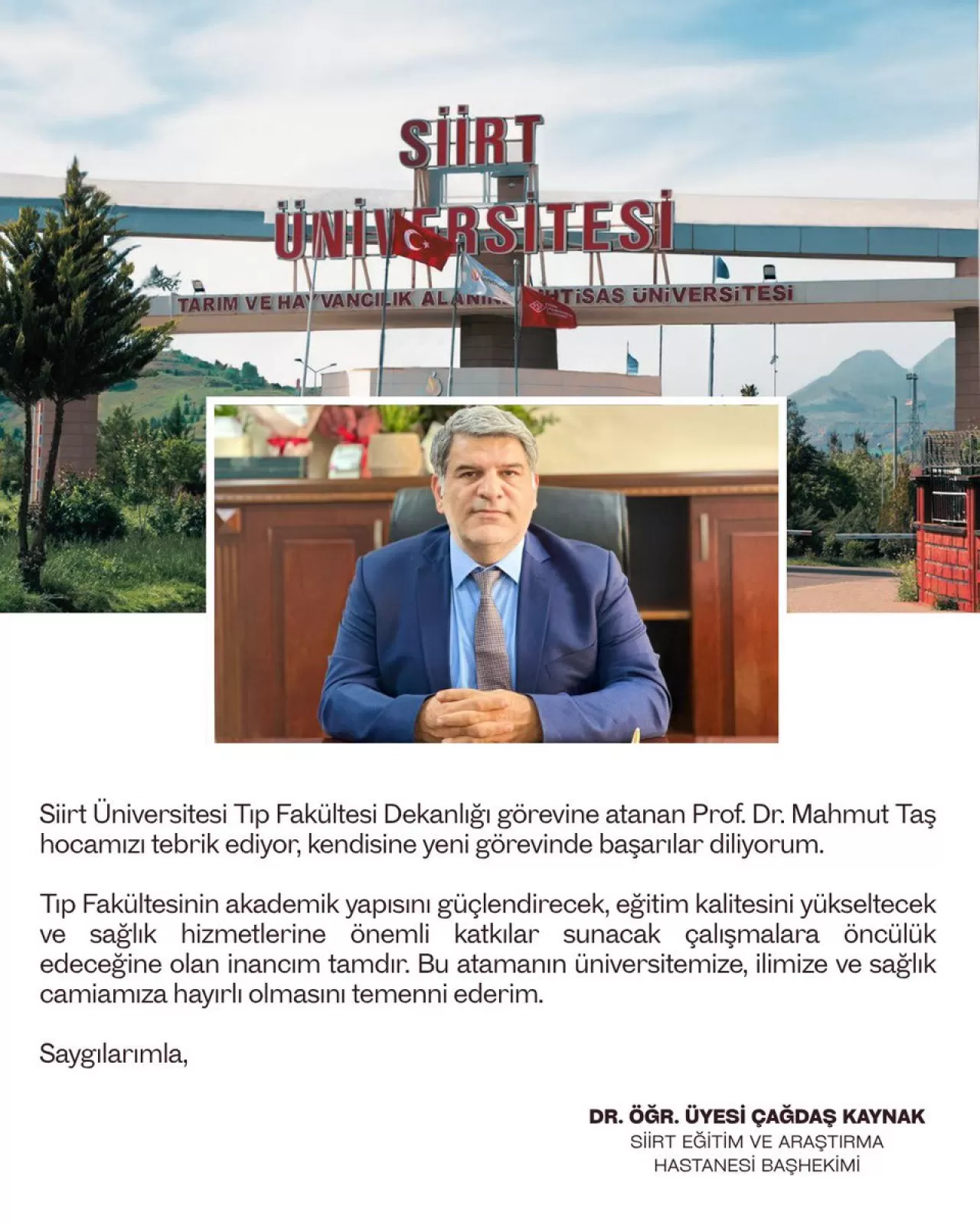 Prof. Dr. Mahmut Taş, Siirt Üniversitesi Tıp Fakültesi Dekanlığı Görevine Atandı