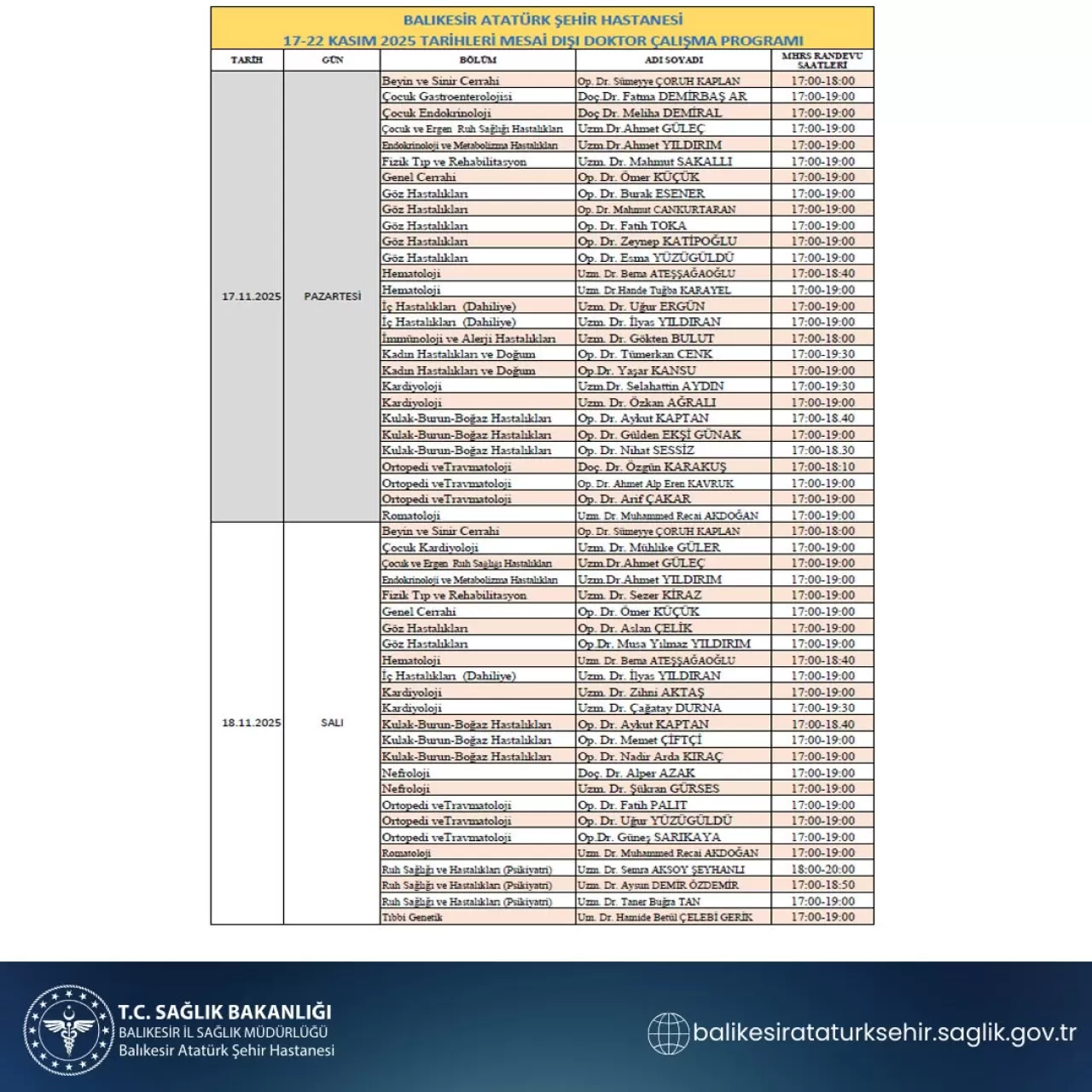 Ekin Tıp Merkezi'nde Haftalık Mesai Dışı Doktor Programı Açıklandı