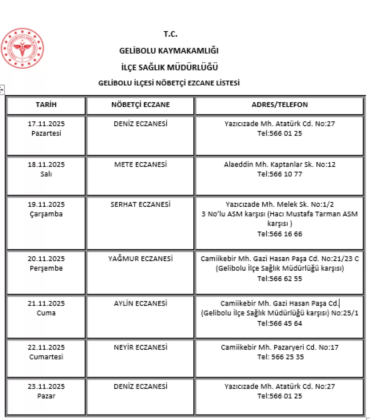 Gelibolu'da 17-23 Kasım 2025 Nöbetçi Eczaneler Listesi Açıklandı
