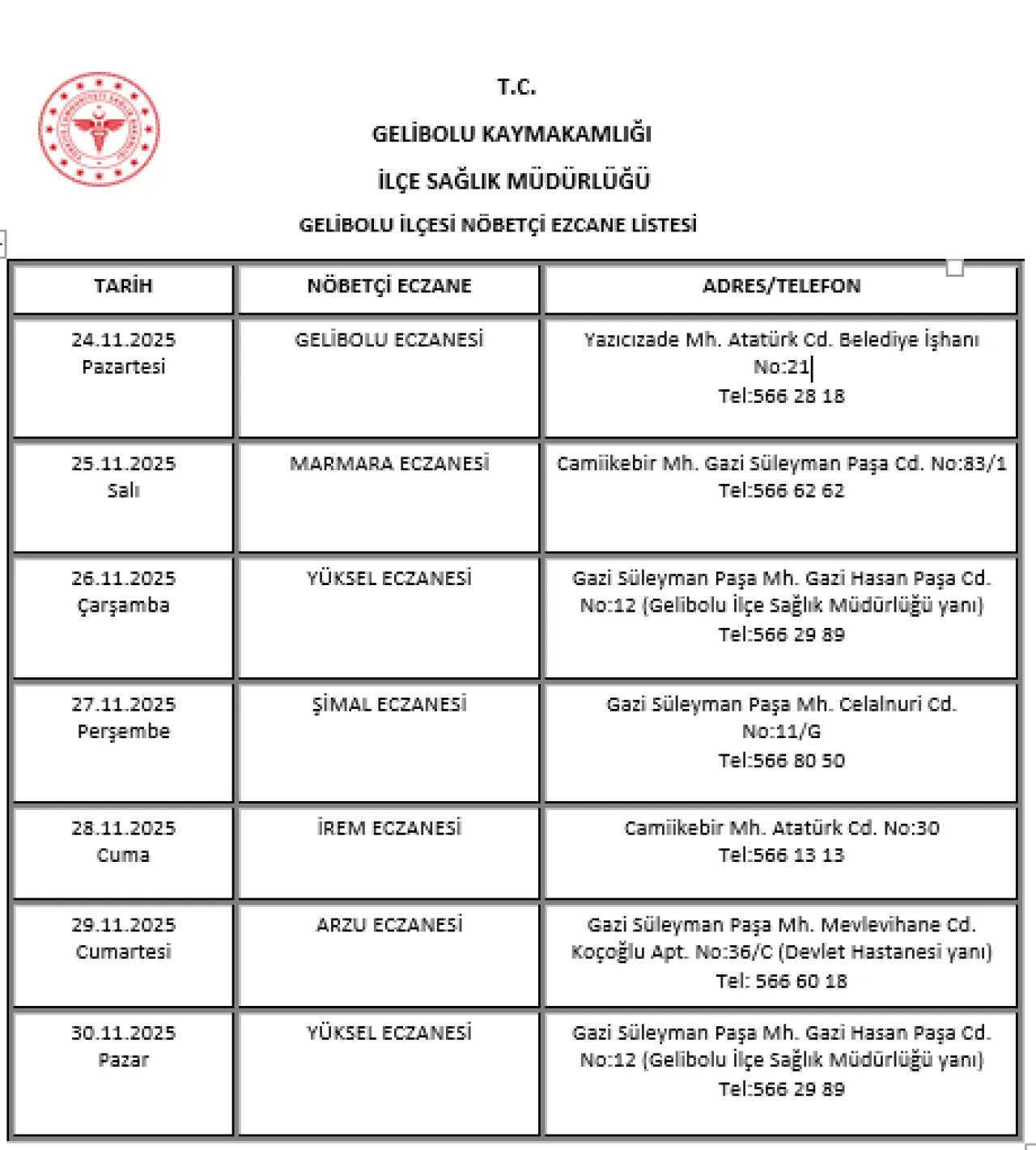 Gelibolu'da 24-30 Kasım 2025 Tarihleri Arasındaki Nöbetçi Eczaneler Açıklandı