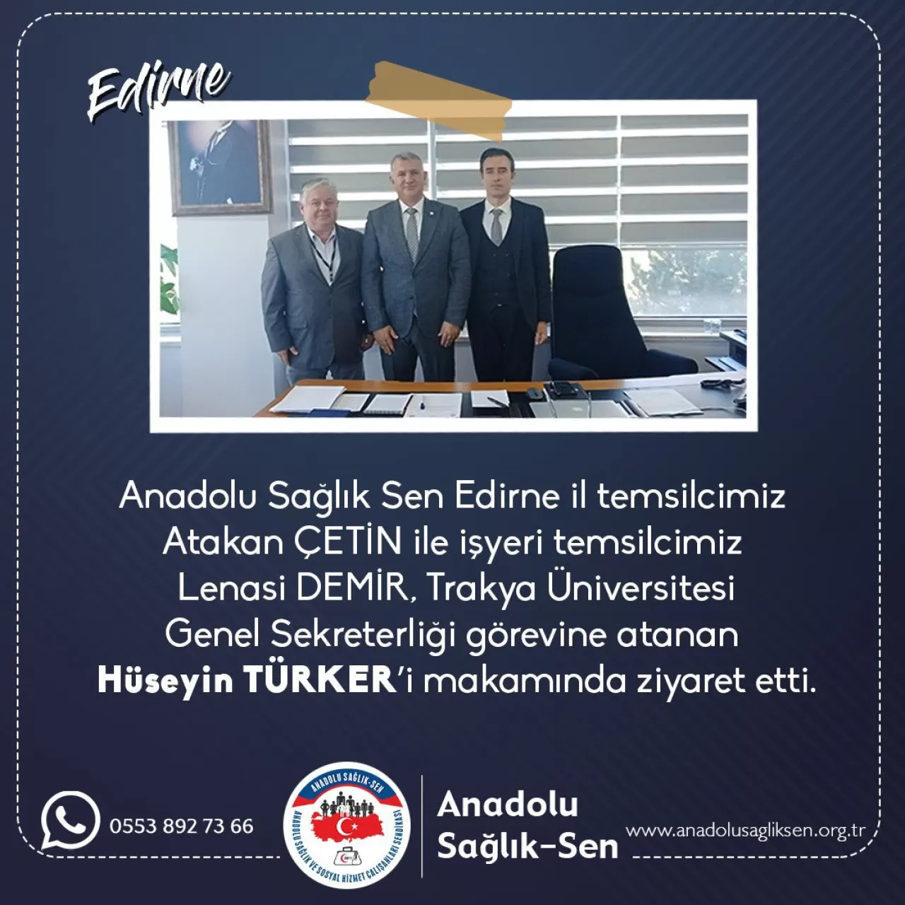 Anadolu Sağlık Sen, Trakya Üniversitesi Genel Sekreteri'ni Ziyaret Etti
