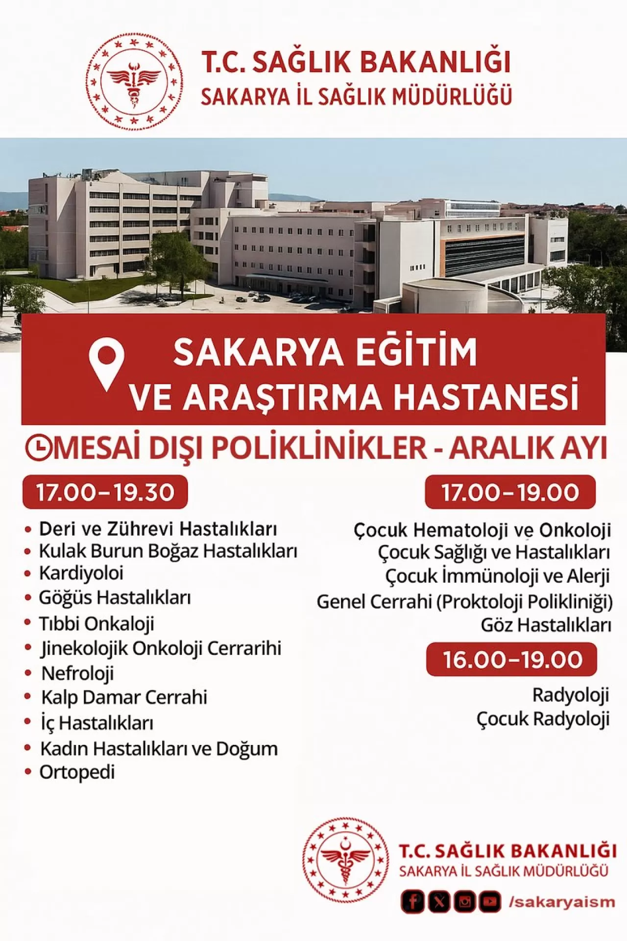 Sakarya'da Aralık Ayında Mesai Saatleri Dışında Hangi Branşlarda Poliklinik Hizmeti Verilecek?