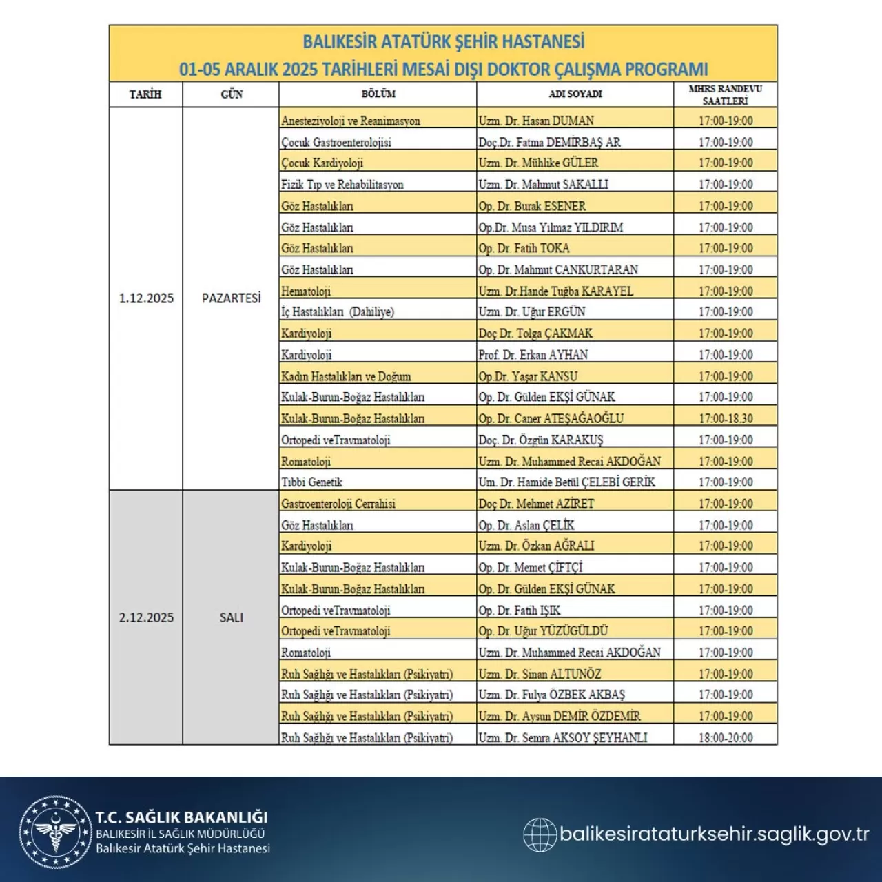 Ekin Tıp Merkezi Altınoluk'ta Aralık 2025 Mesai Dışı Doktor Programı Açıklandı