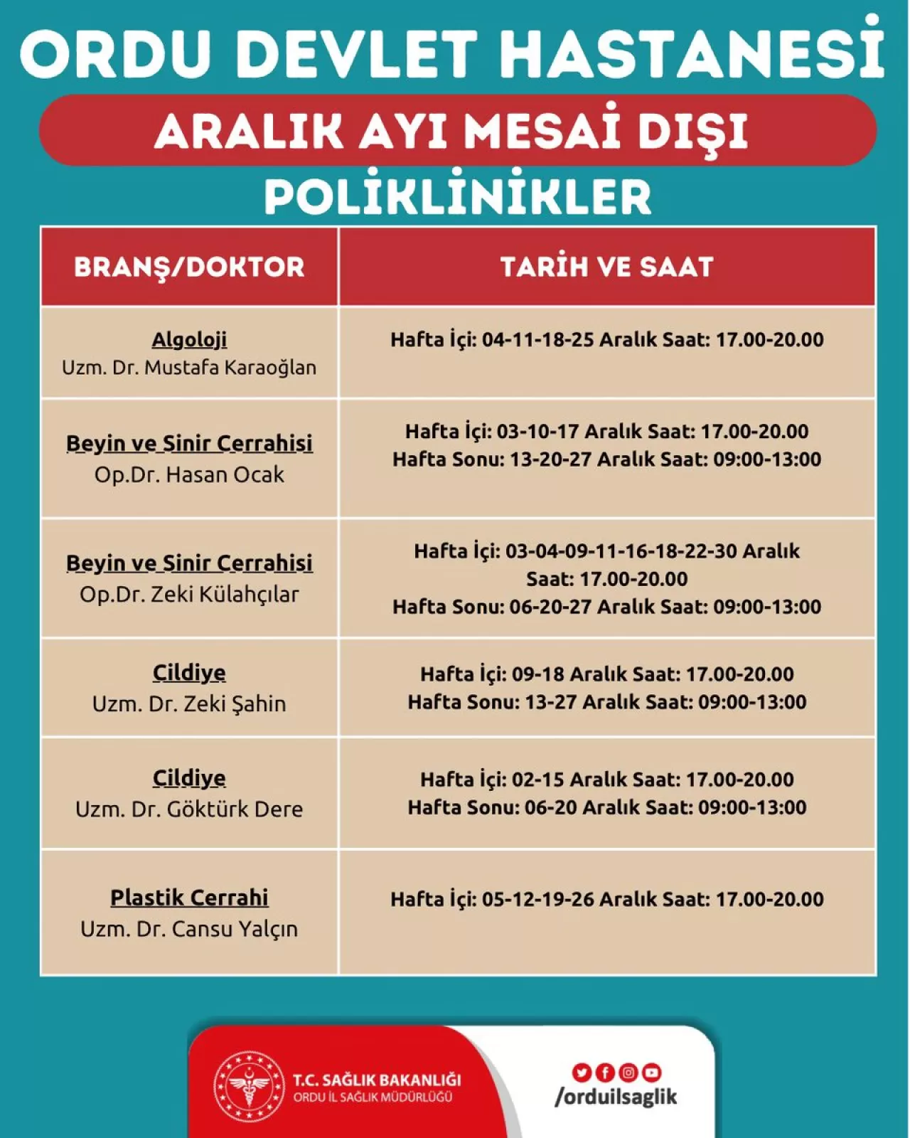 Ordu Devlet Hastanesi'nde Aralık Ayı Mesai Dışı Poliklinik Hizmeti