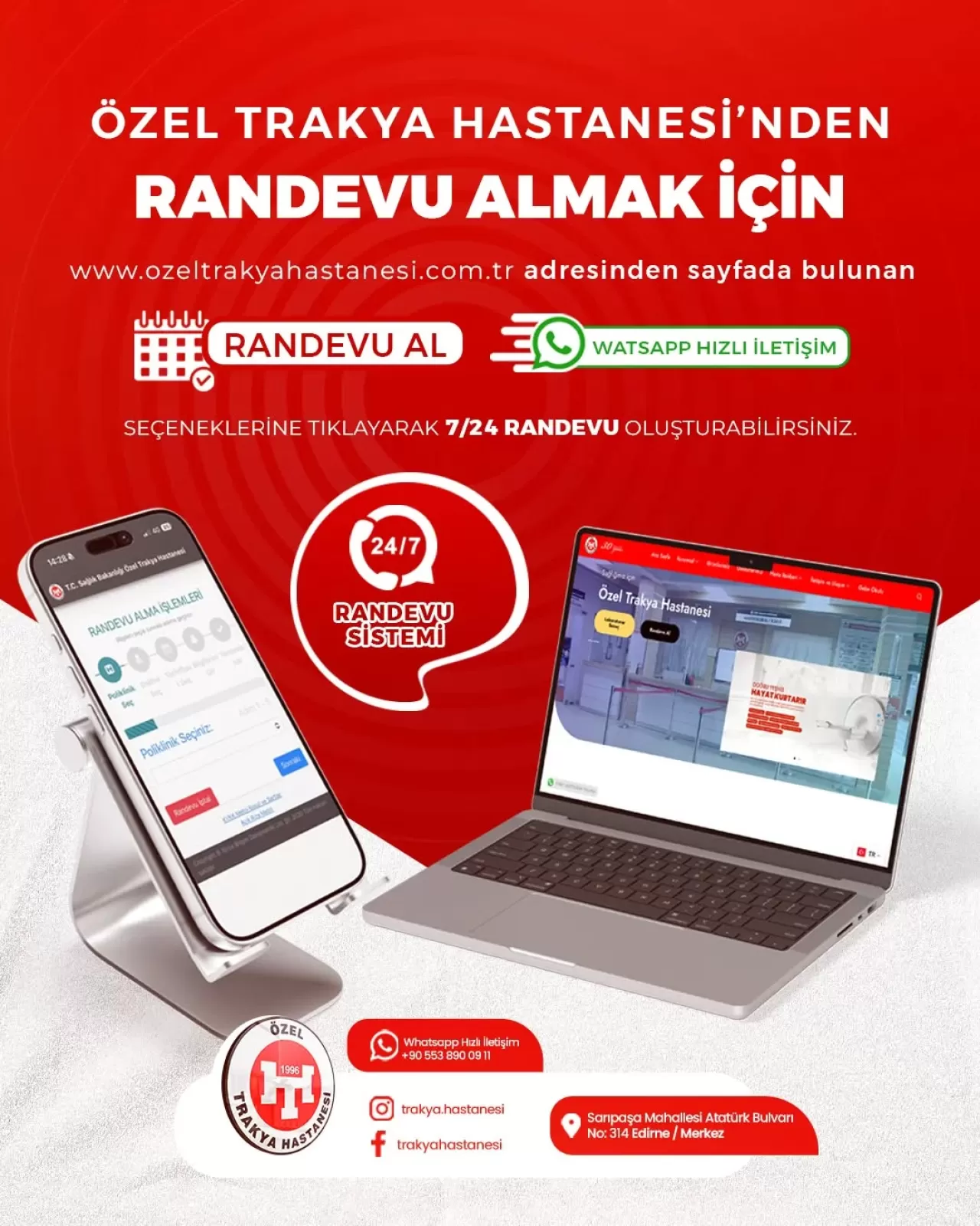 Edirne Özel Trakya Hastanesi'nde Randevu Artık 7/24 WhatsApp Üzerinden Alınabiliyor