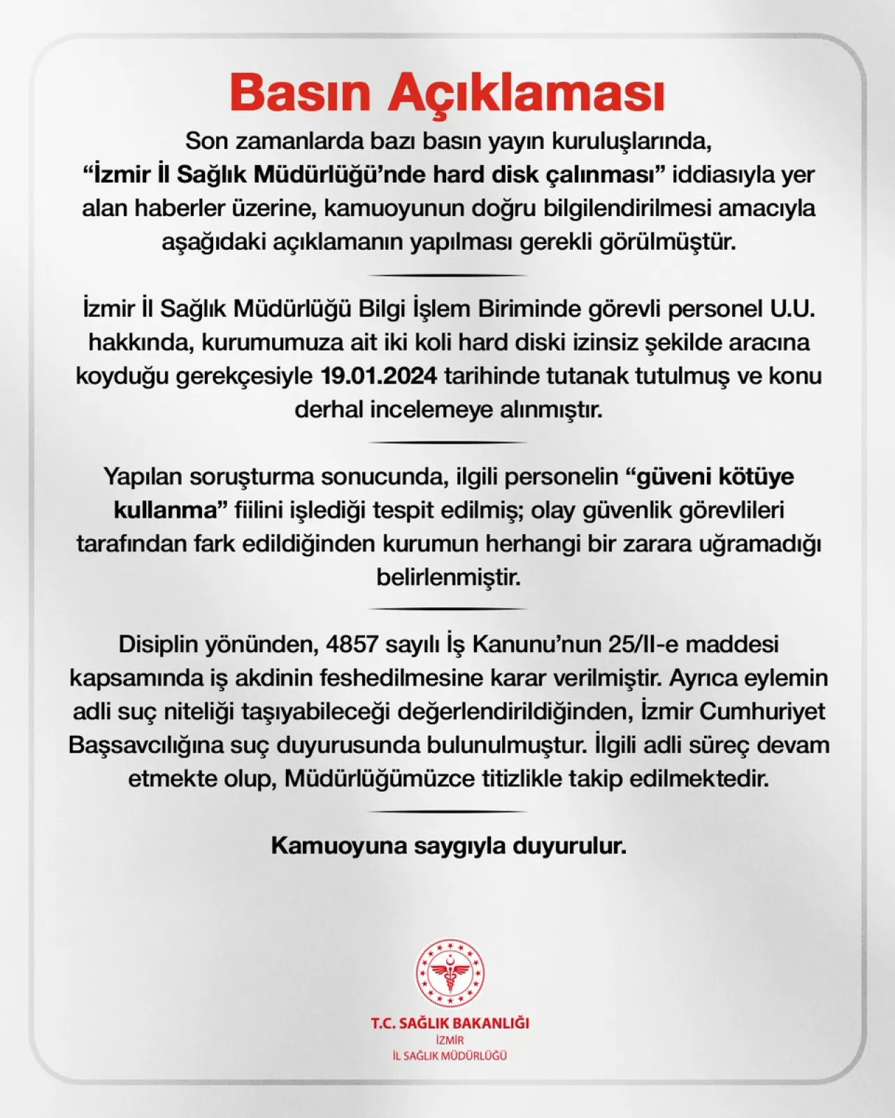 İzmir İl Sağlık Müdürlüğü'nden Önemli Açıklama