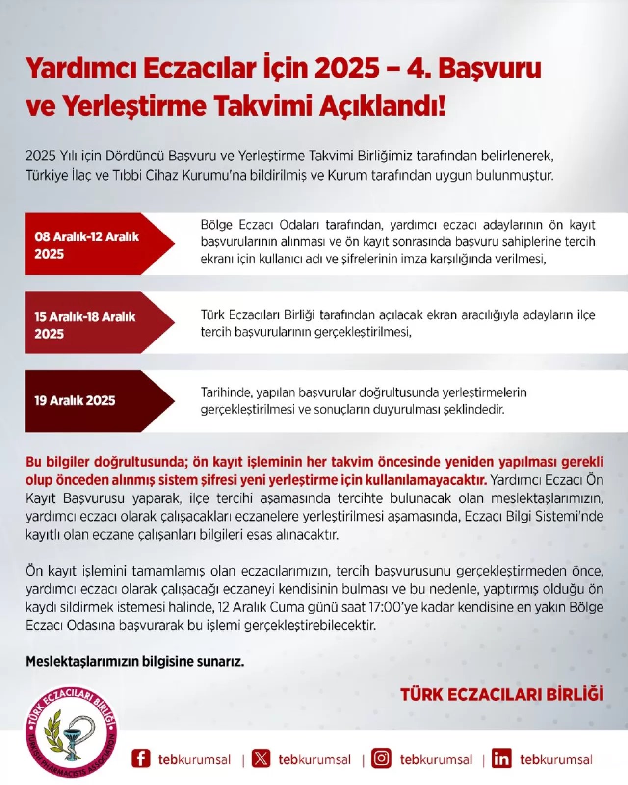 2025 Yılı Yardımcı Eczacı 4. Başvuru ve Yerleştirme Takvimi Açıklandı