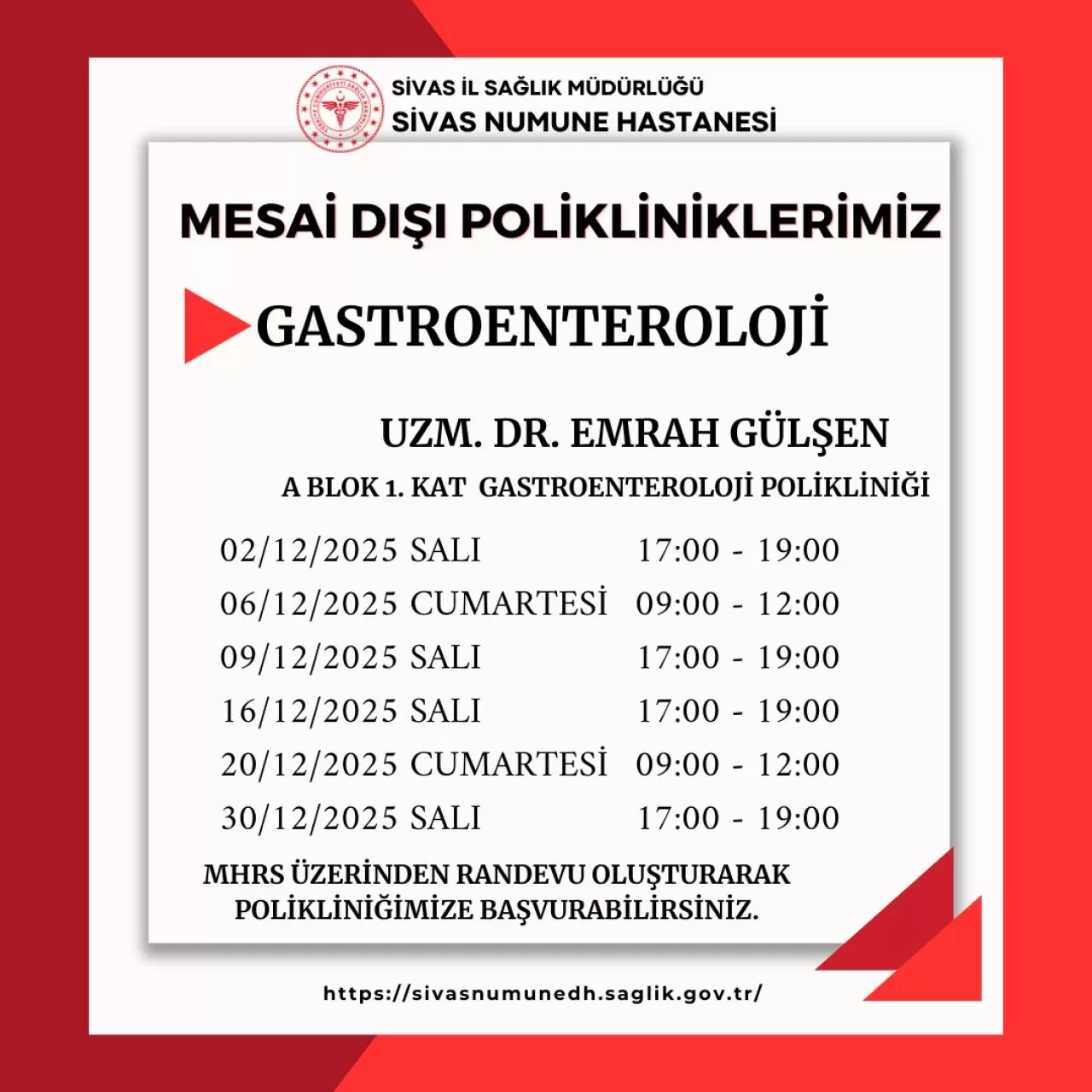 Sivas Numune Hastanesi'nde Aralık Ayı Mesai Dışı Poliklinik Hizmetleri