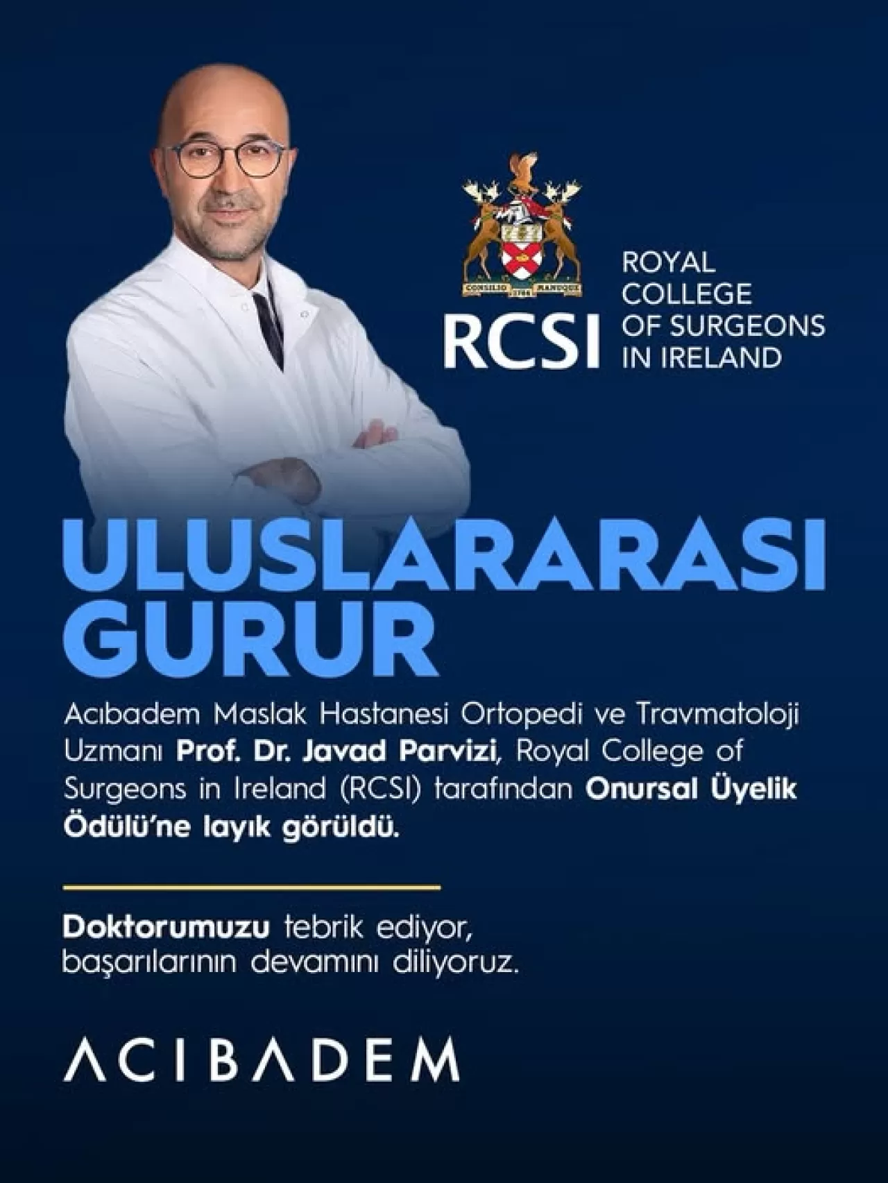 Prof. Dr. Javad Parvizi, Prestijli RCSI Onursal Üyelik Ödülü'ne Layık Görüldü