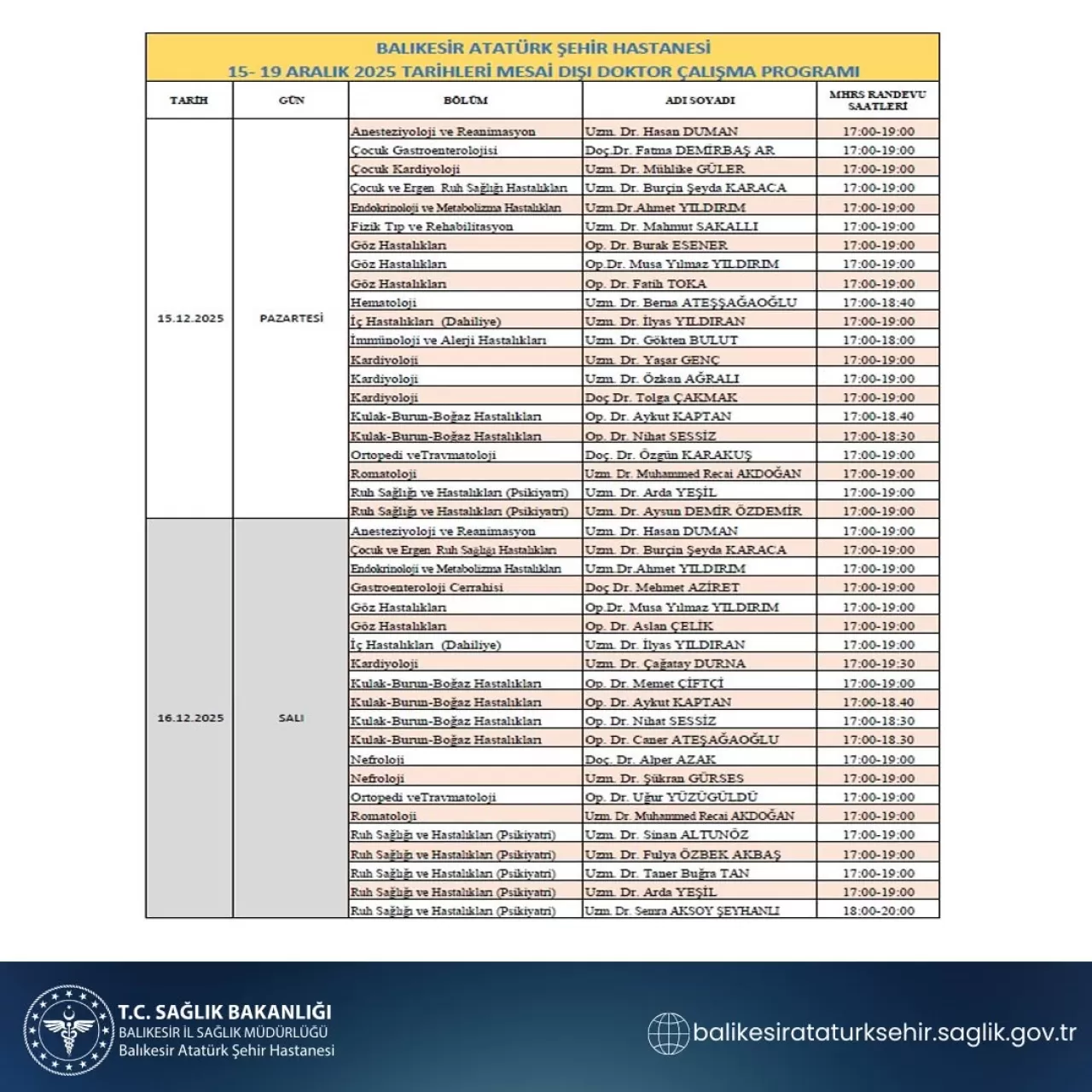 Balıkesir Atatürk Şehir Hastanesi'nin Aralık 2025 Mesai Dışı Doktor Programı Açıklandı