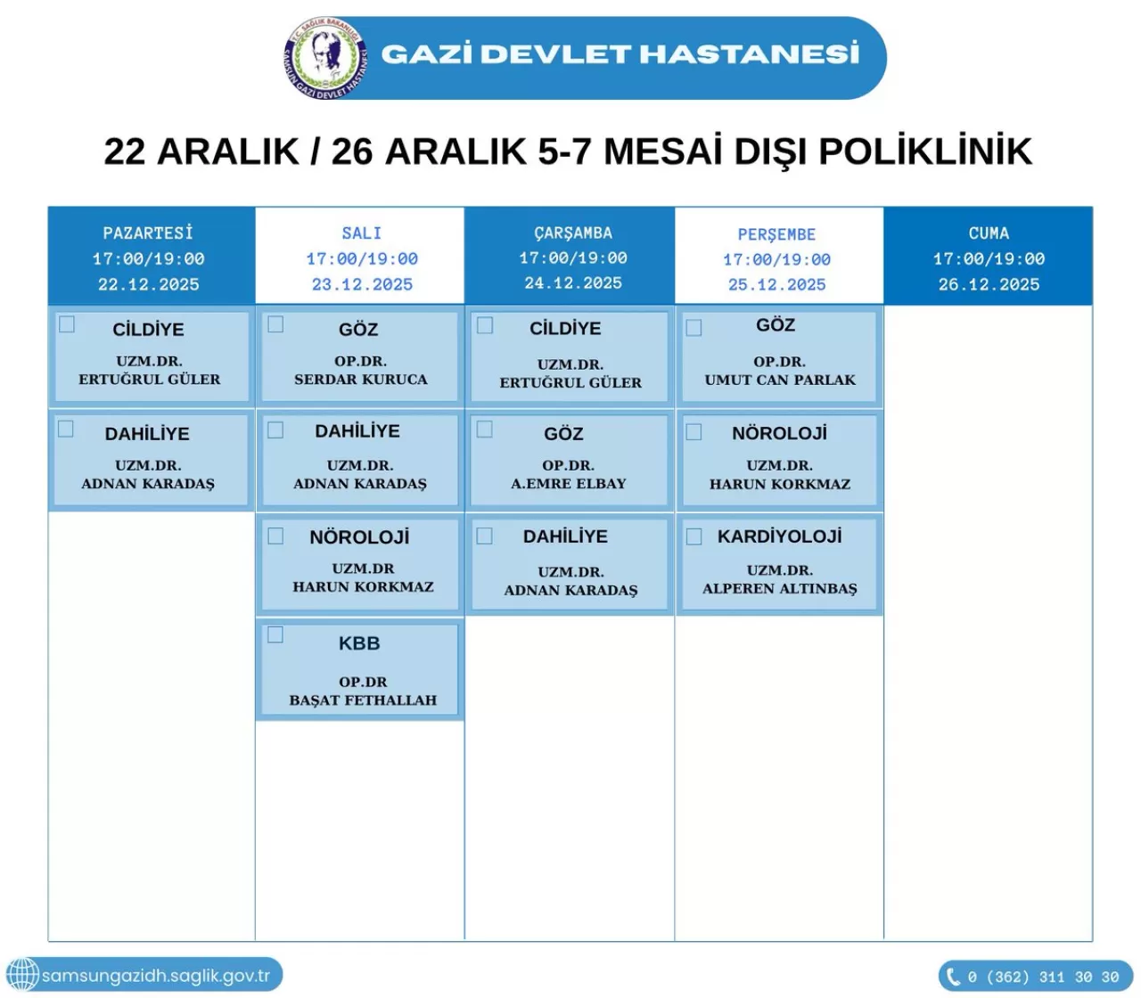 Samsun Gazi Devlet Hastanesi'nde 7 Gün 24 Saat Hizmet Veren Poliklinikler Açıklandı