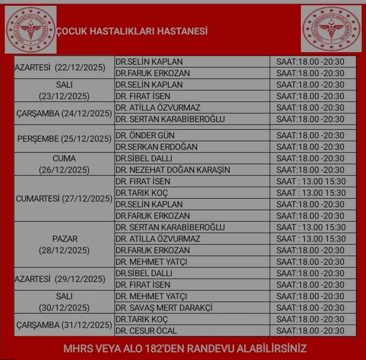 Diyarbakır Çocuk Hastalıkları Hastanesi'nde Yıl Sonu Mesai Dışı Poliklinik Hizmeti