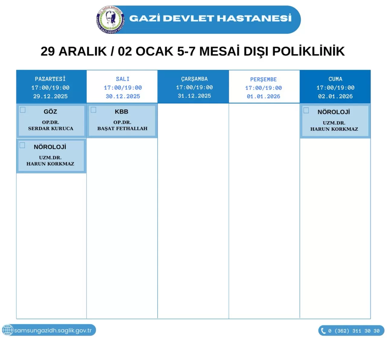 Samsun Gazi Devlet Hastanesi'nde 7 Gün 24 Saat Hizmet Veren Poliklinikler Açıklandı