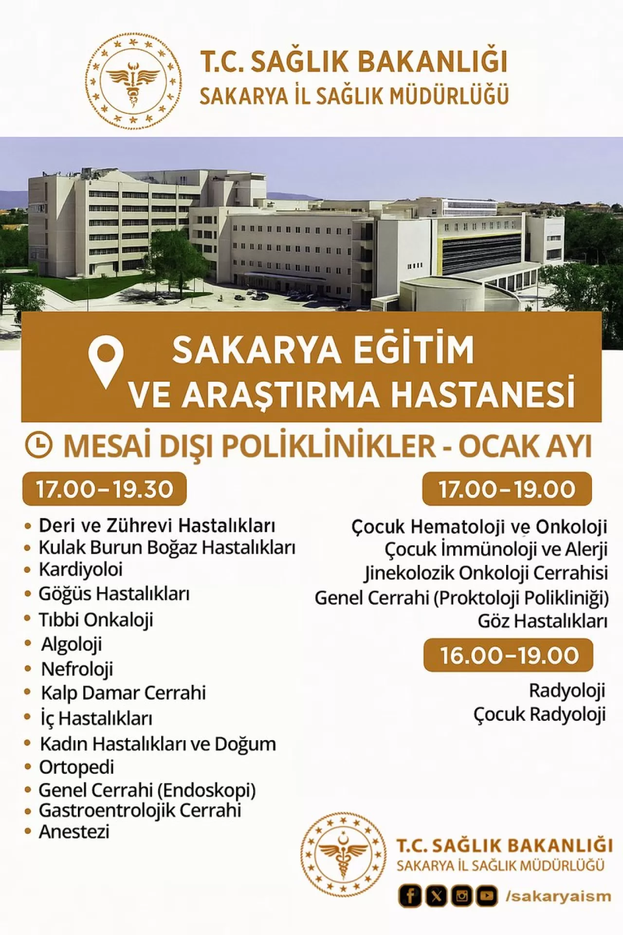 Sakarya'da Ocak Ayı Mesai Dışı Poliklinik Hizmeti Verilen Branşlar Açıklandı