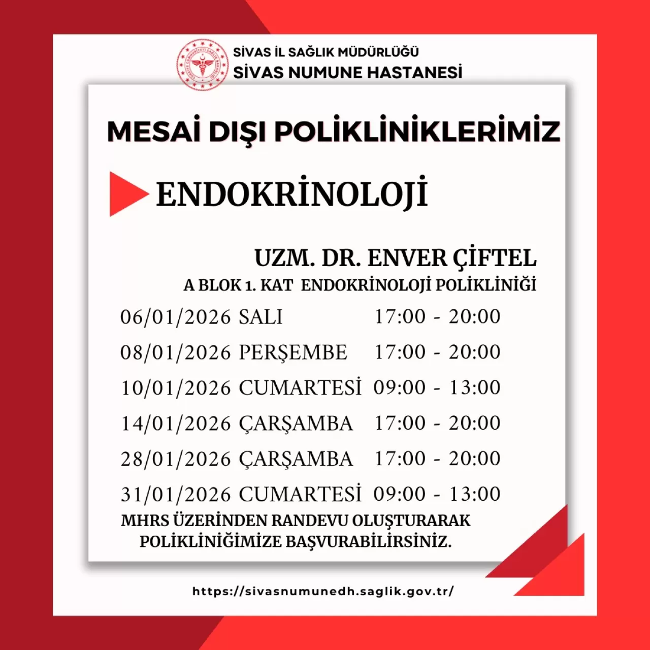 Sivas Numune Hastanesi'nde Ocak Ayı Mesai Saatleri Dışında Poliklinik Hizmeti