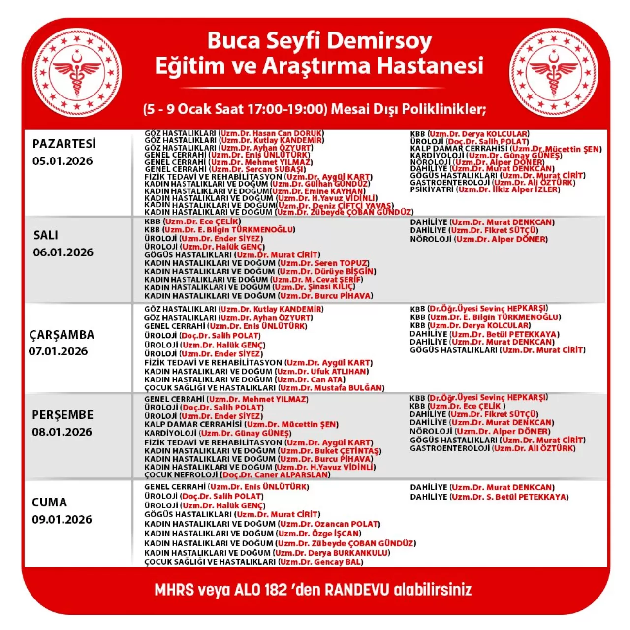Buca Seyfi Demirsoy Hastanesi'nde Ocak 2025 Mesai Dışı Poliklinik Hizmeti Duyurusu
