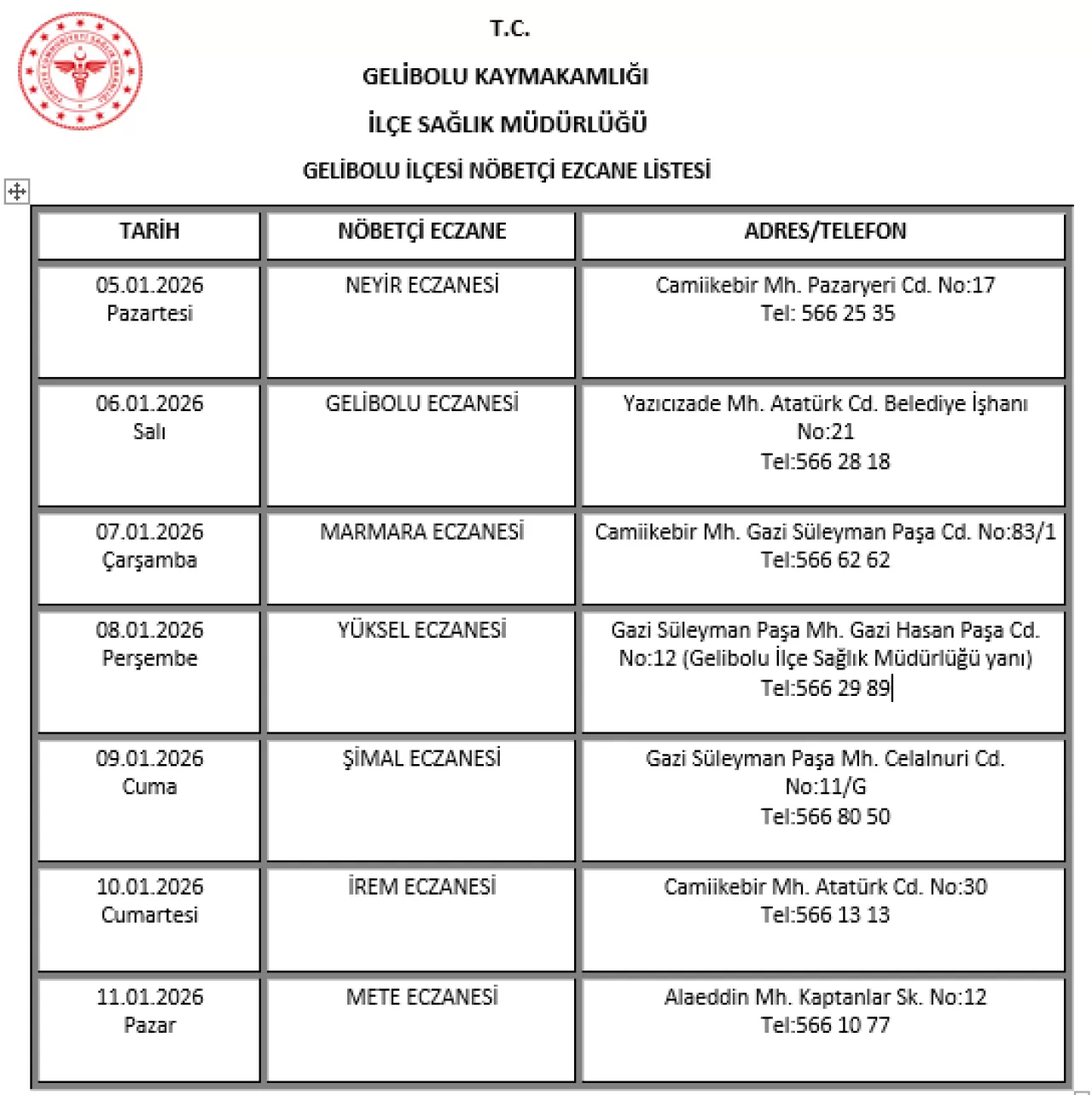 2026 Ocak Ayında Gelibolu'da Nöbetçi Eczaneler