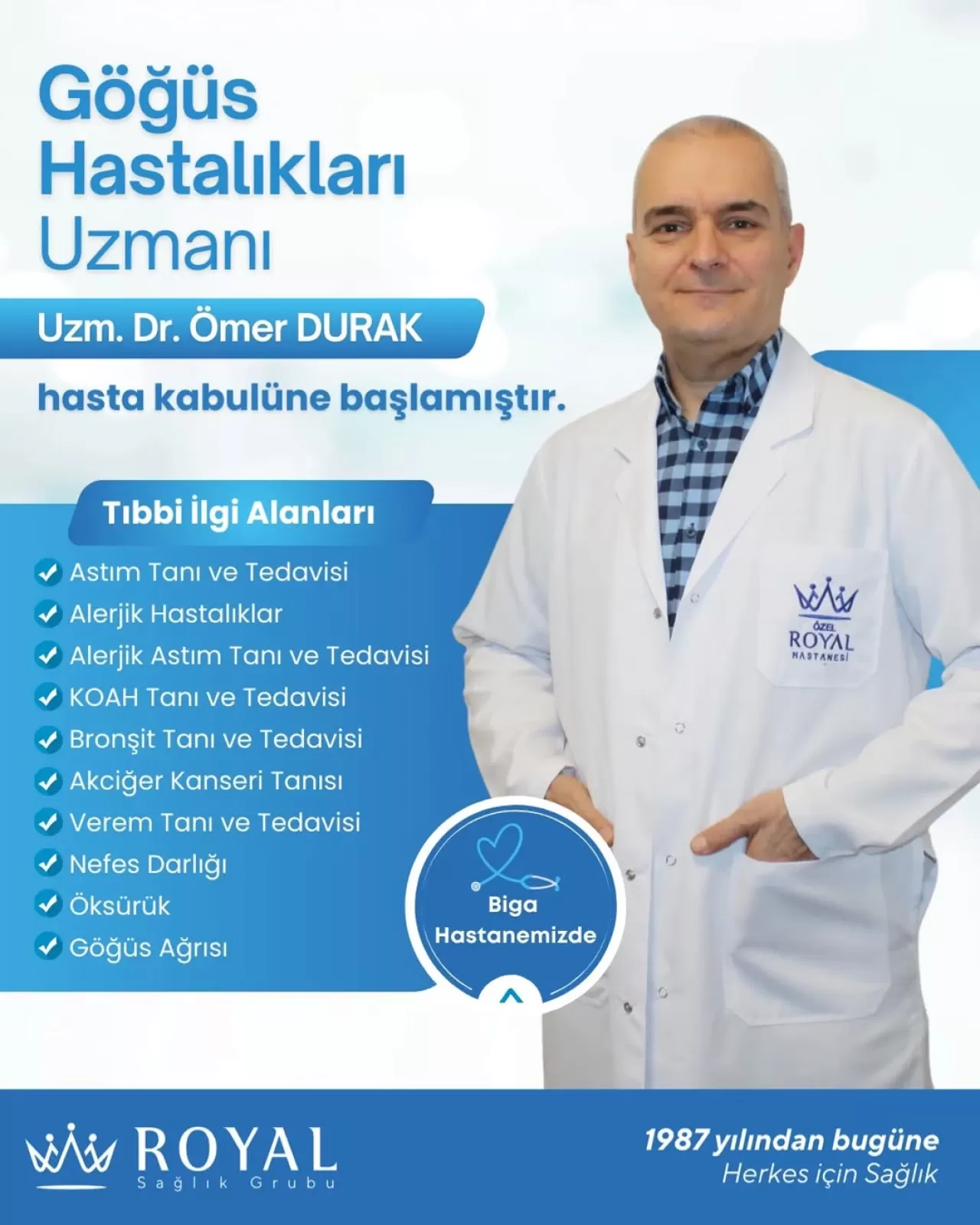 Biga'ya Yeni Göğüs Hastalıkları Uzmanı: Uzm. Dr. Ömer Durak Hizmete Başladı