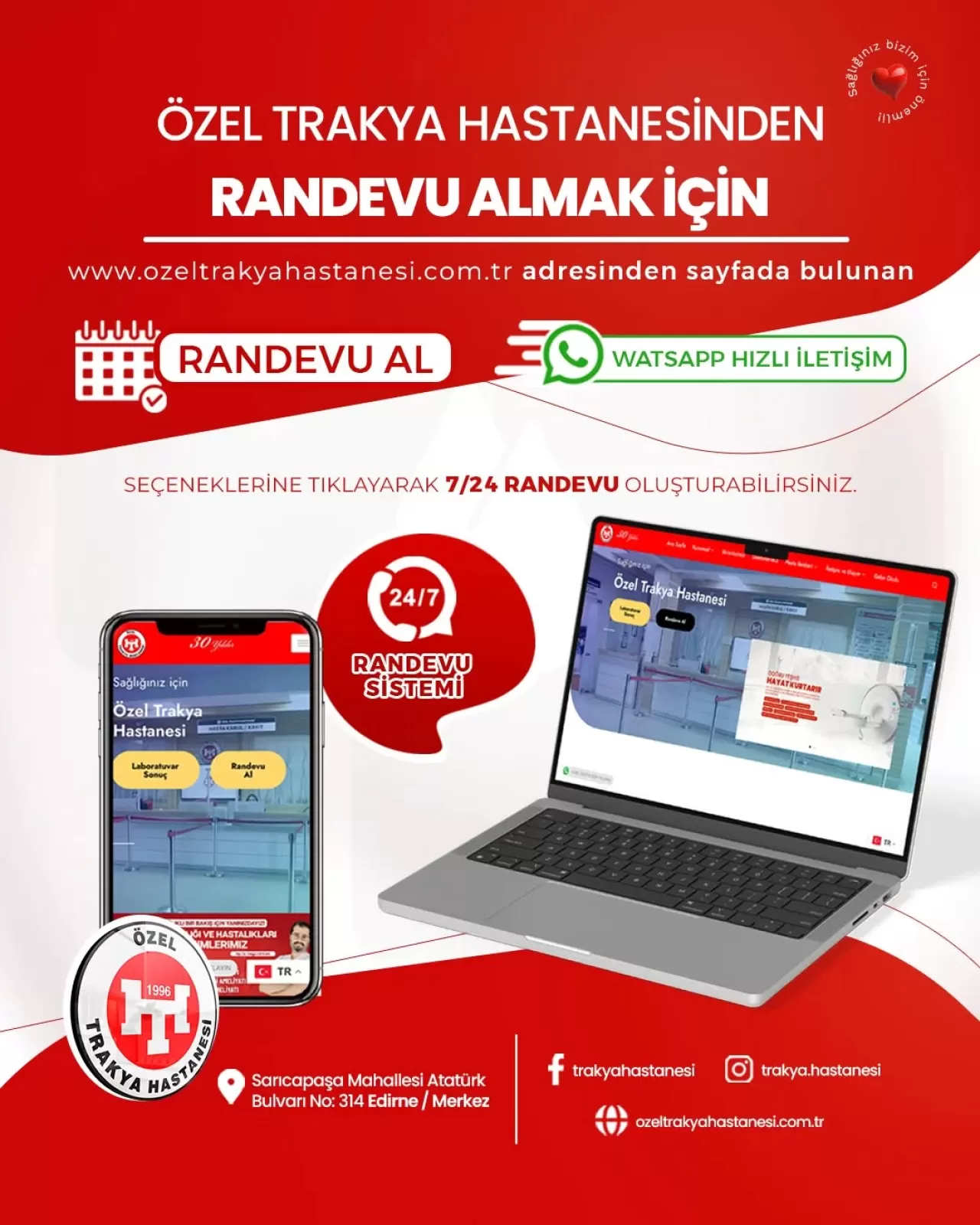 Özel Trakya Hastanesi, 7/24 WhatsApp Randevu Hizmeti Başlattı