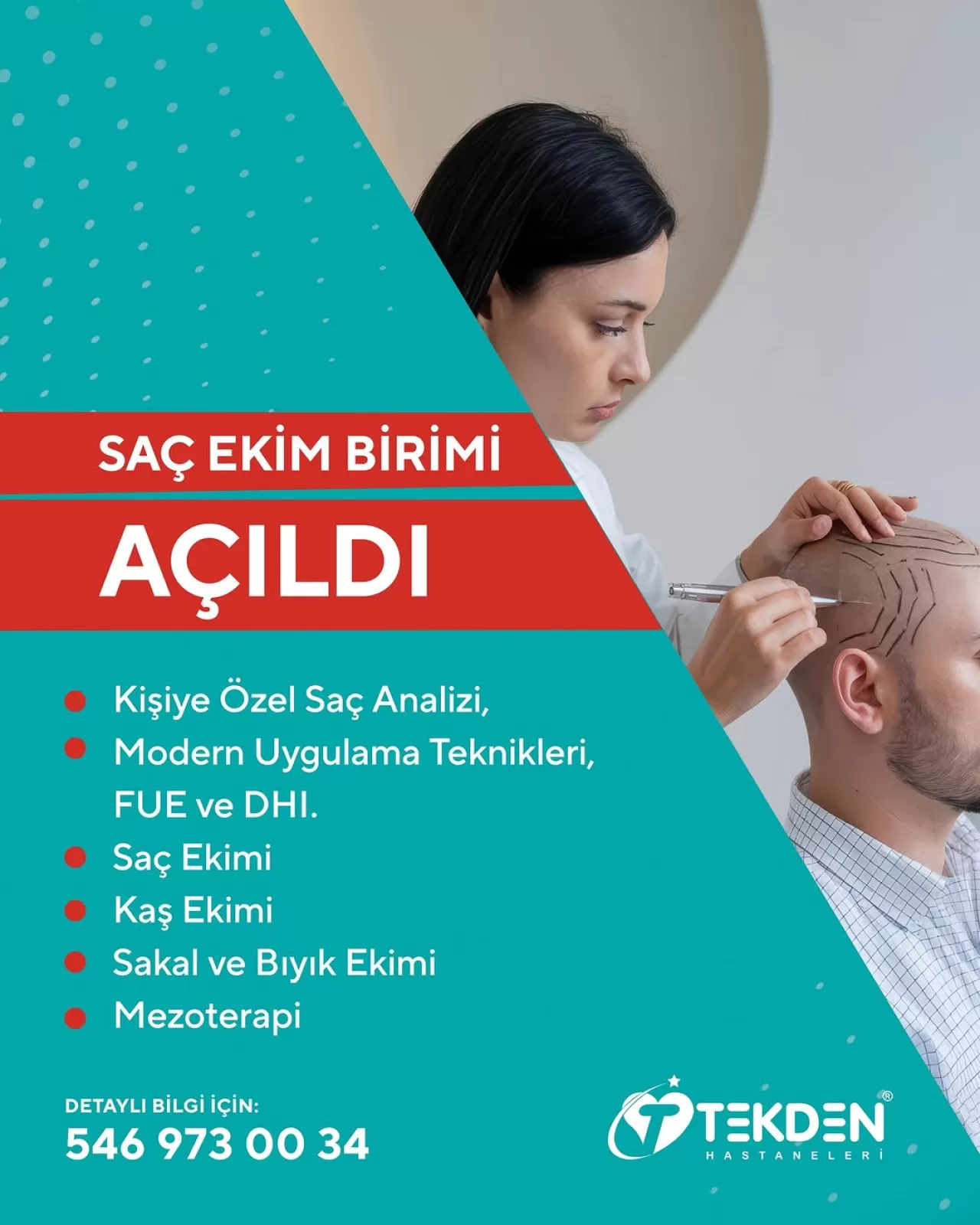 Tekden Hastanesi'nde Saç Ekim Merkezi Açıldı: FUE ve DHI Teknikleri