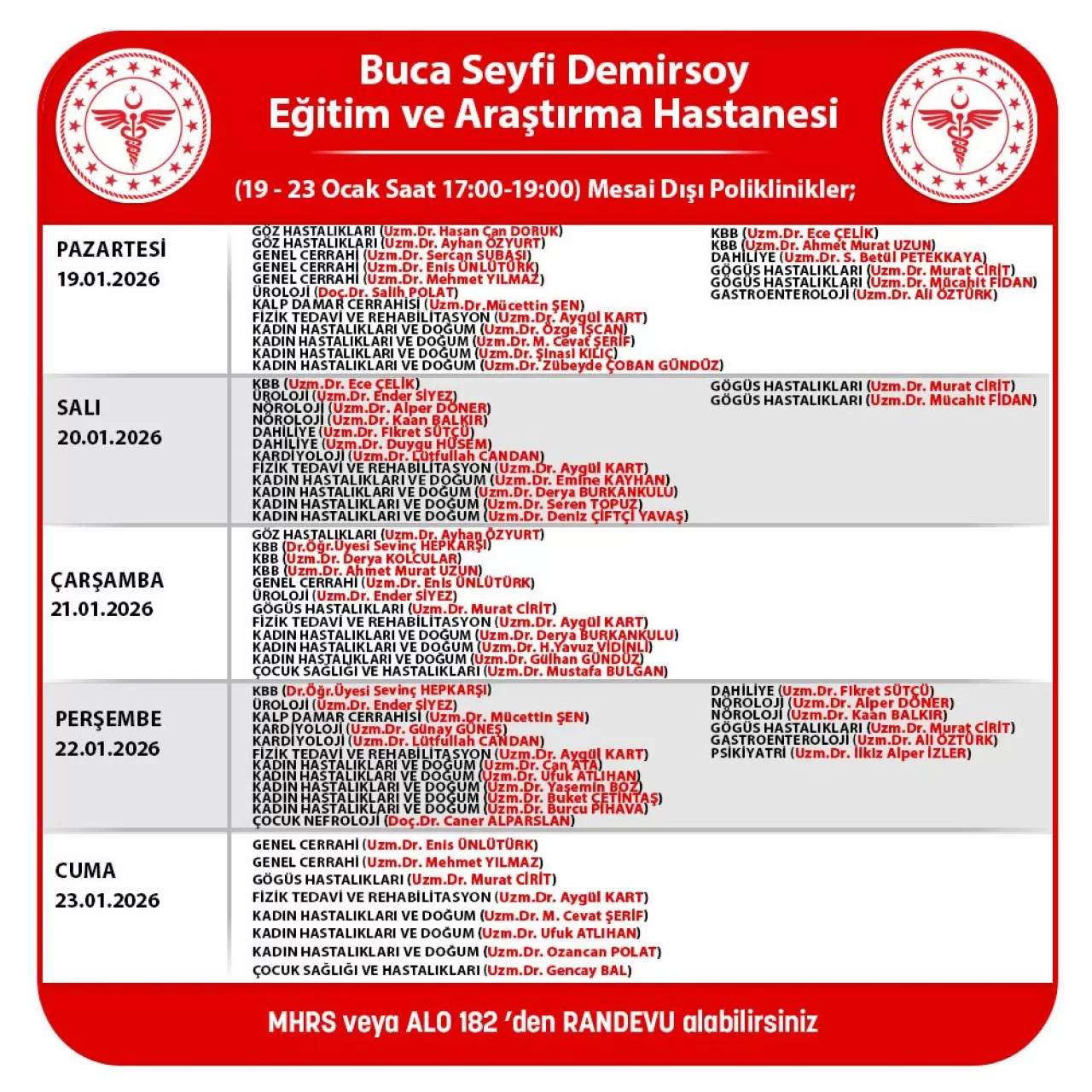 Buca Seyfi Demirsoy Hastanesi'nin 2025 Ocak Ayı Mesai Dışı Poliklinik Hizmetleri Açıklandı
