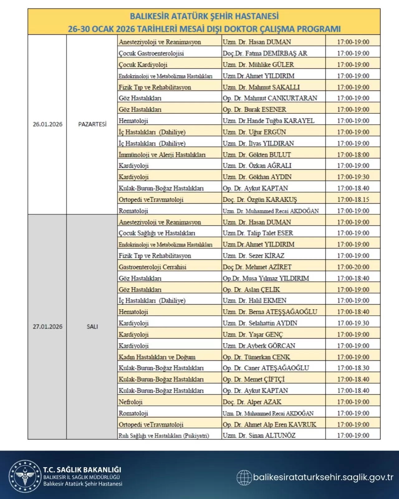 Ekin Tıp Merkezi'nde Ocak 2026 Mesai Dışı Doktor Nöbet Programı Açıklandı