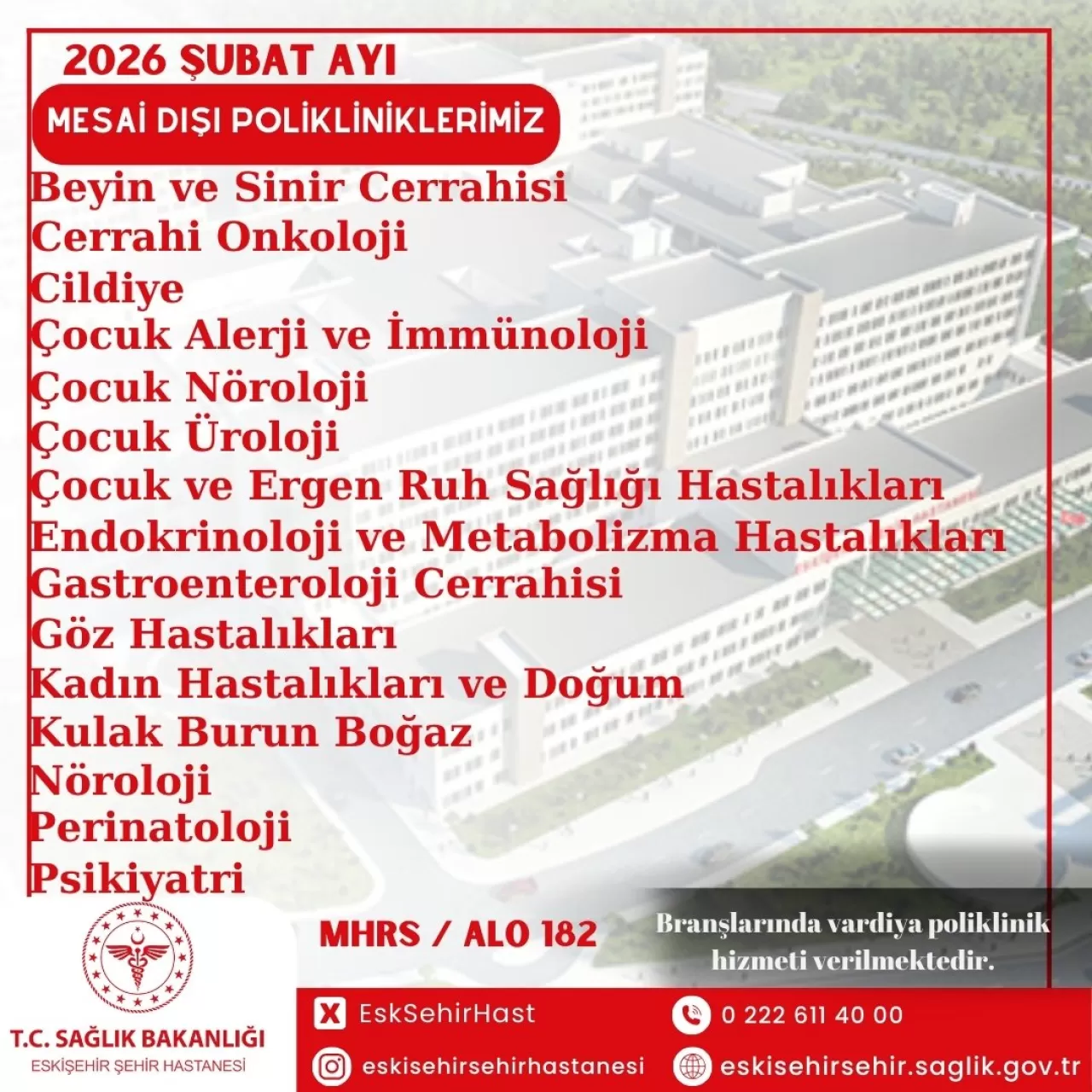 Eskişehir Şehir Hastanesi'nde Akşam Poliklinik Hizmeti Başladı