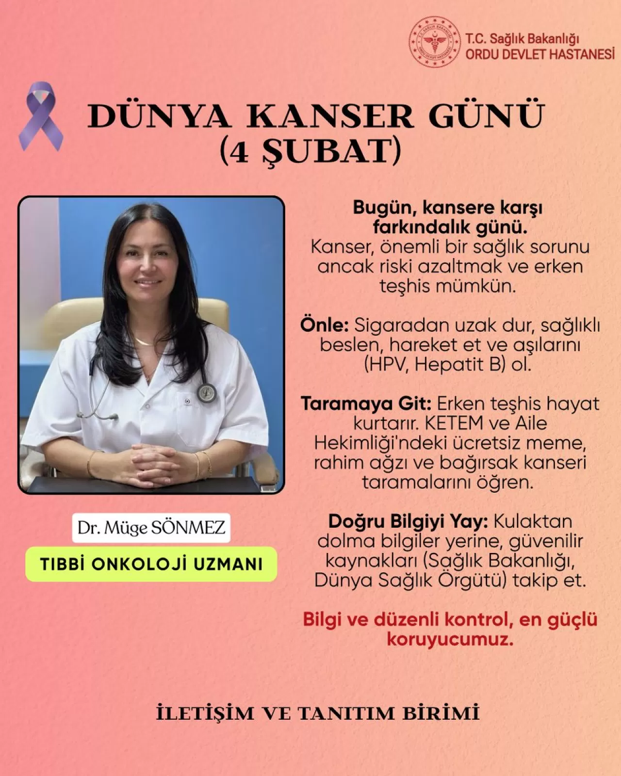 Ordu Devlet Hastanesi'nden 4 Şubat Dünya Kanser Günü Açıklaması: Risk Azaltılabilir ve Erken Teşhis Mümkün