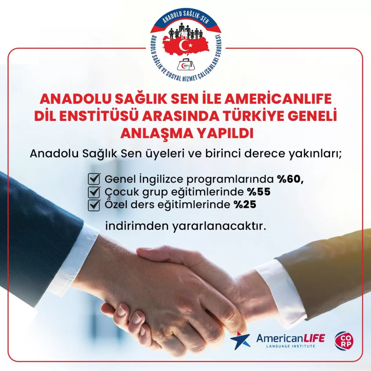 Anadolu Sağlık Sen Üyelerine AmericanLife Dil Enstitüsü'nde Özel İndirim