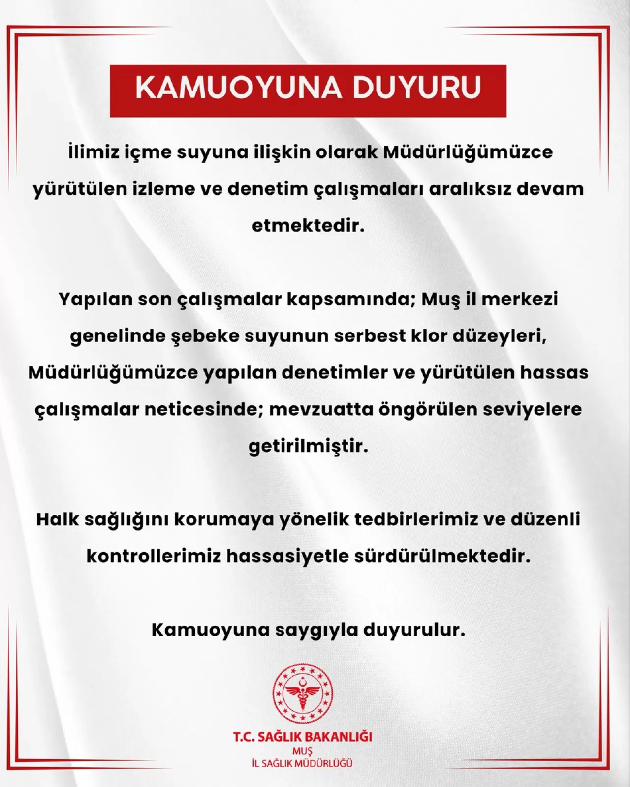 Muş'ta Şebeke Suyunun Klor Değerleri Mevzuata Uygun Hale Getirildi