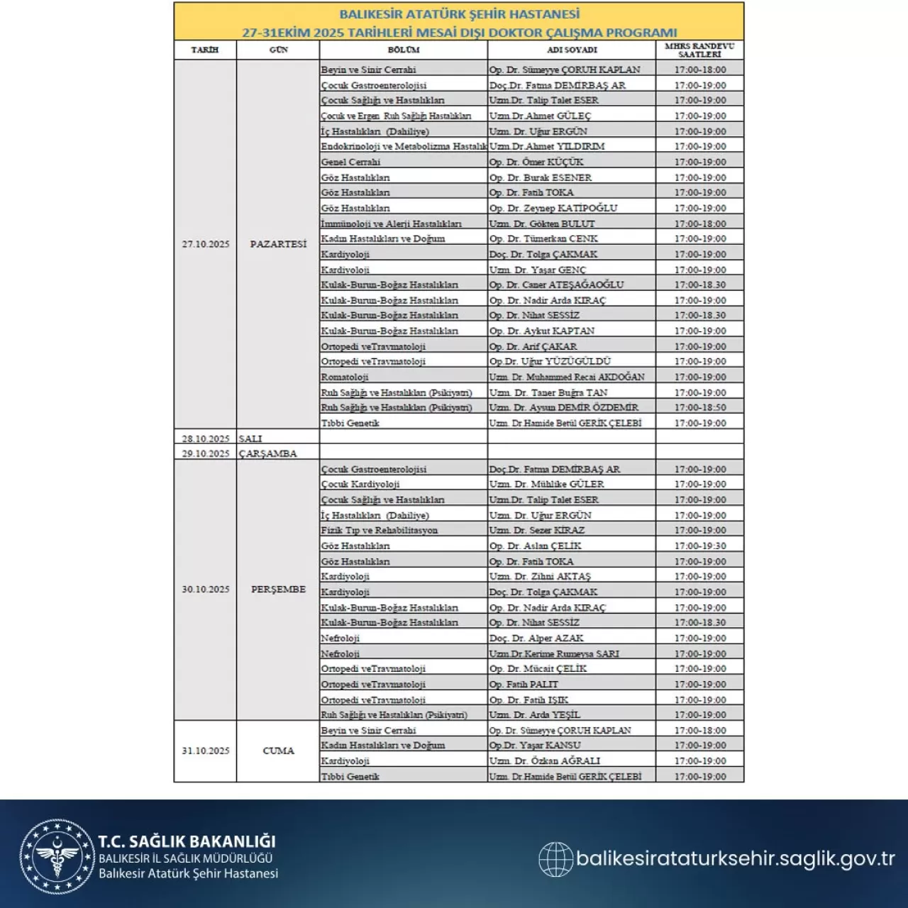 Ekin Tıp Merkezi'nin Ekim 2025 Doktor Çalışma Programı Açıklandı
