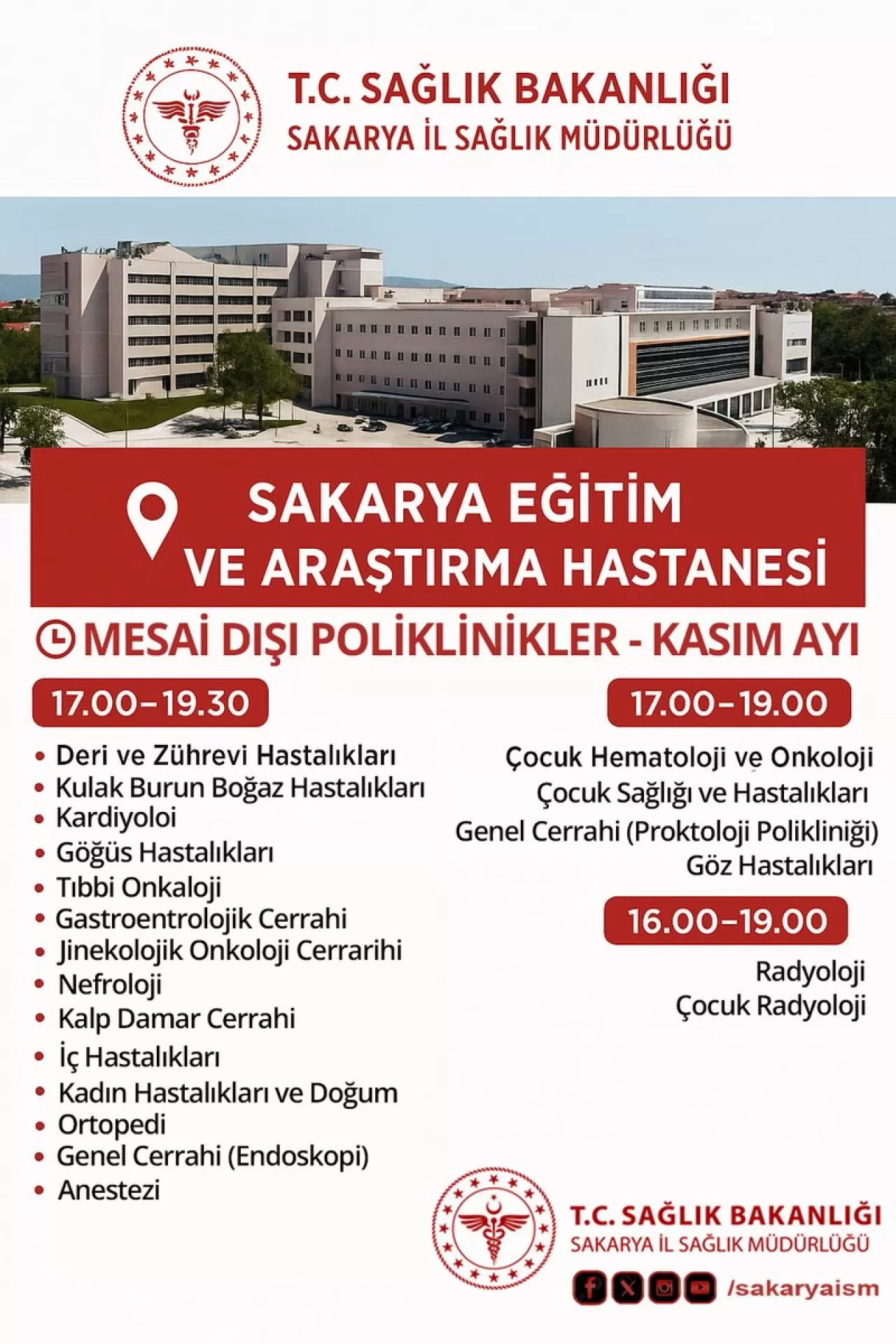 Sakarya'da Kasım Ayı Mesai Dışı Poliklinik Hizmetleri Açıklandı