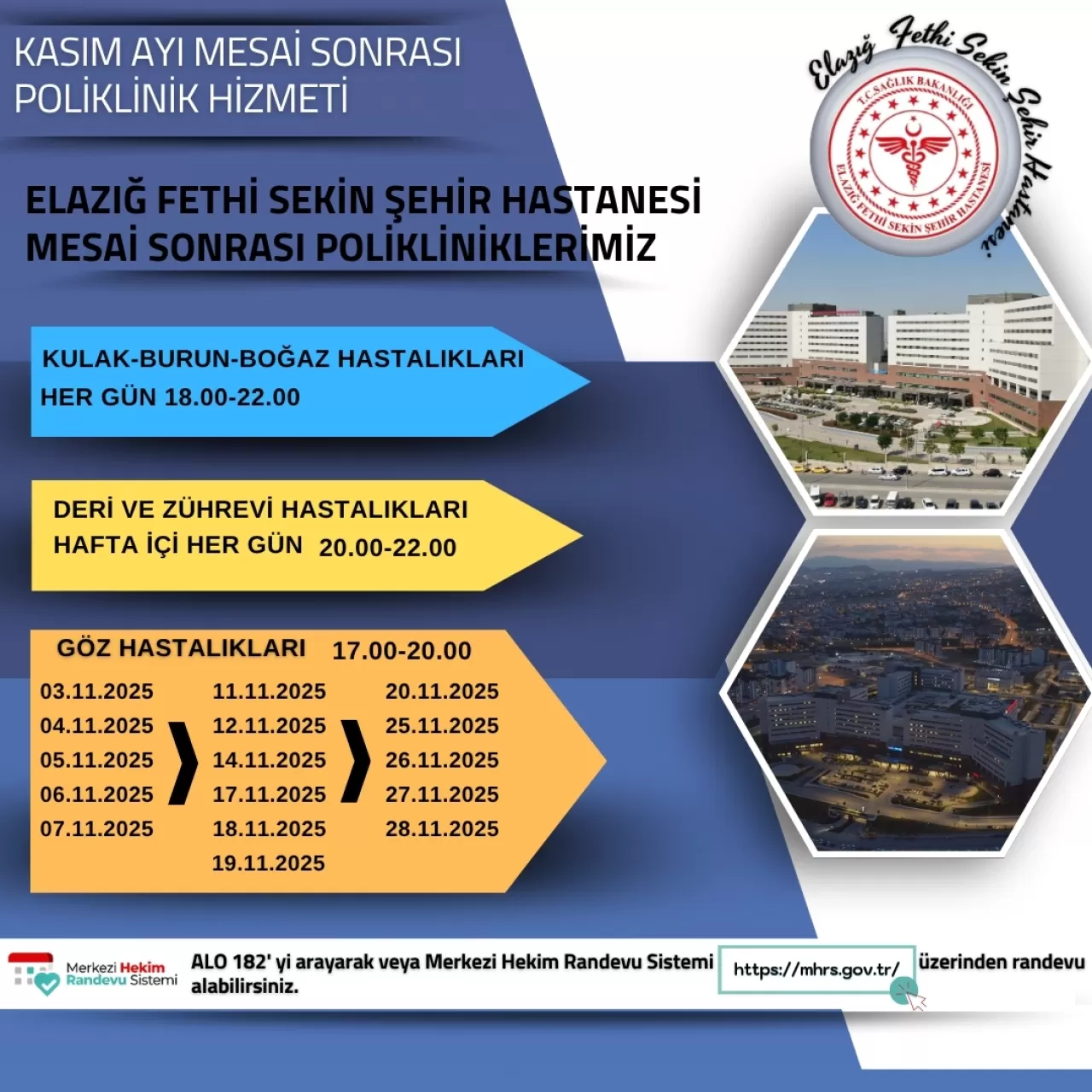 Elazığ Fethi Sekin Şehir Hastanesi Kasım Ayı Mesai Dışı Poliklinik Hizmetleri